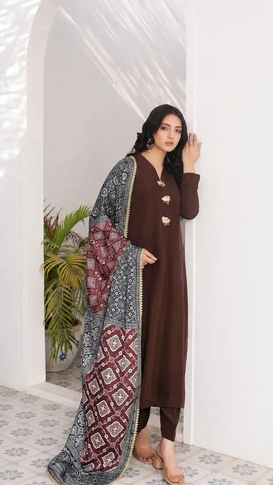 Ajrak Silk Stitched Suit | Espresso Brown | Luna Outfits