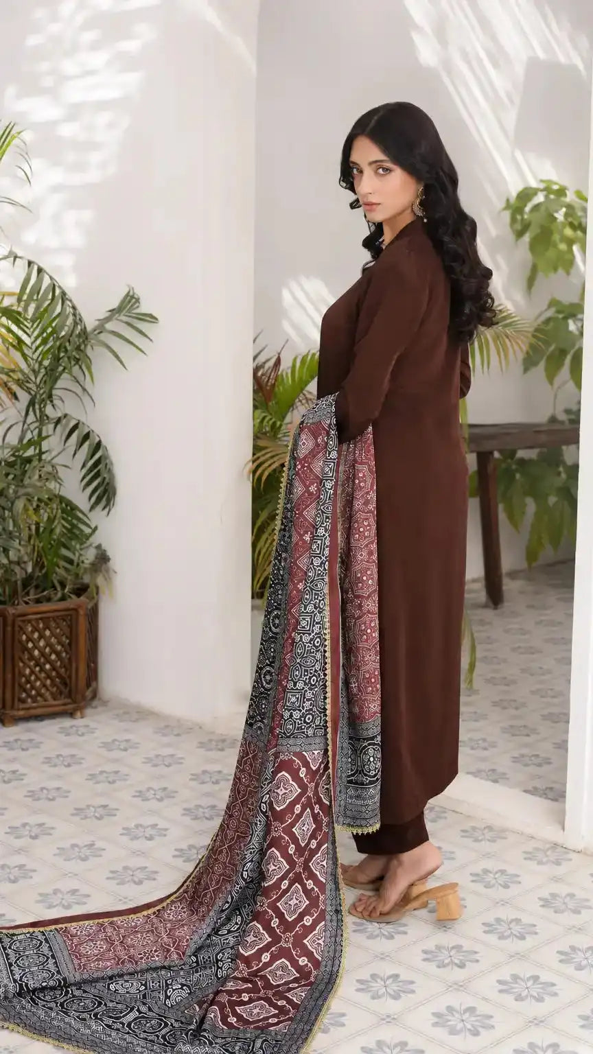 Ajrak Silk Stitched Suit | Espresso Brown | Luna Outfits
