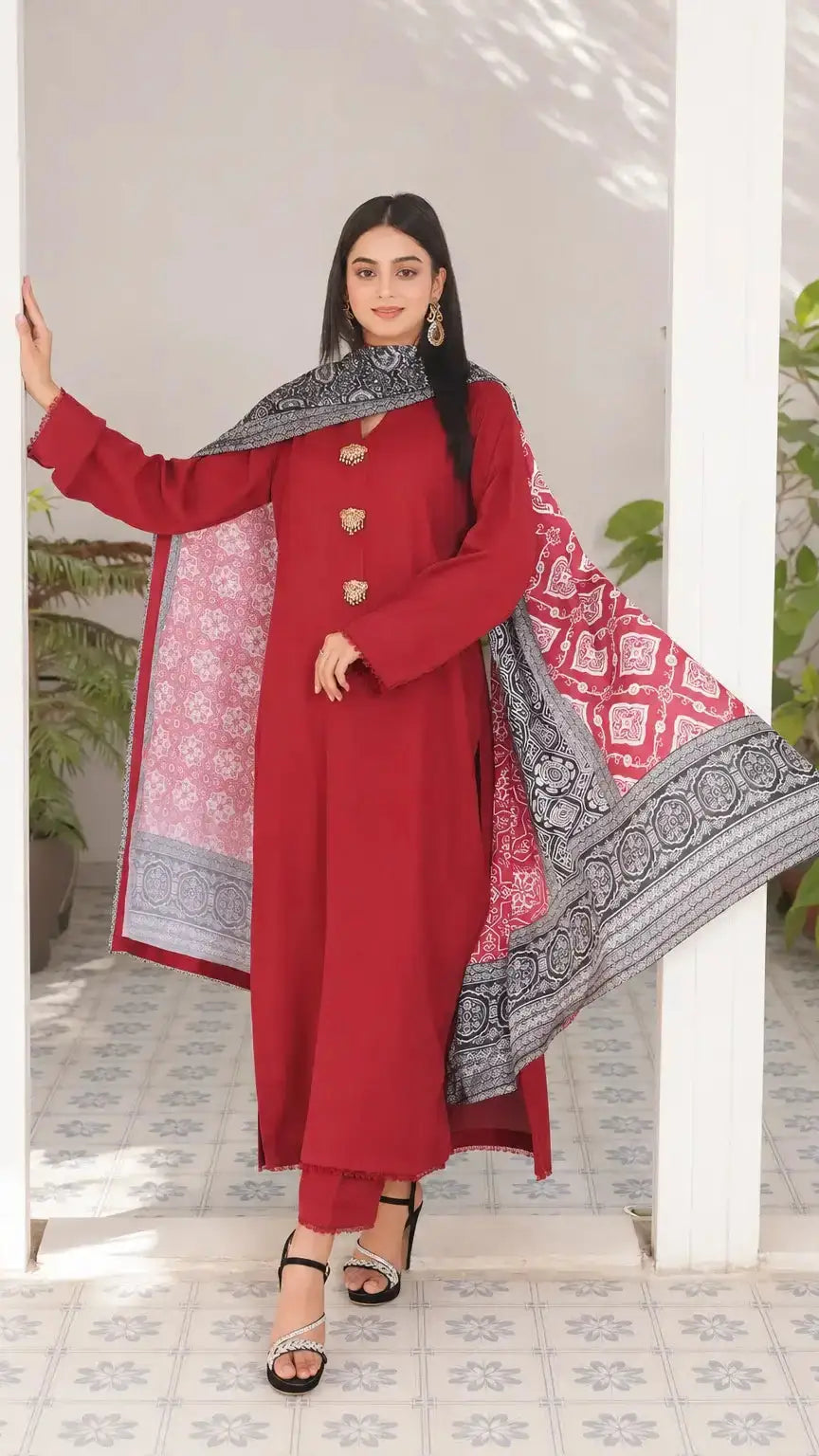 Sham Glam Silk Suit | Crimson Ajrak Dupatta | Luna Outfits