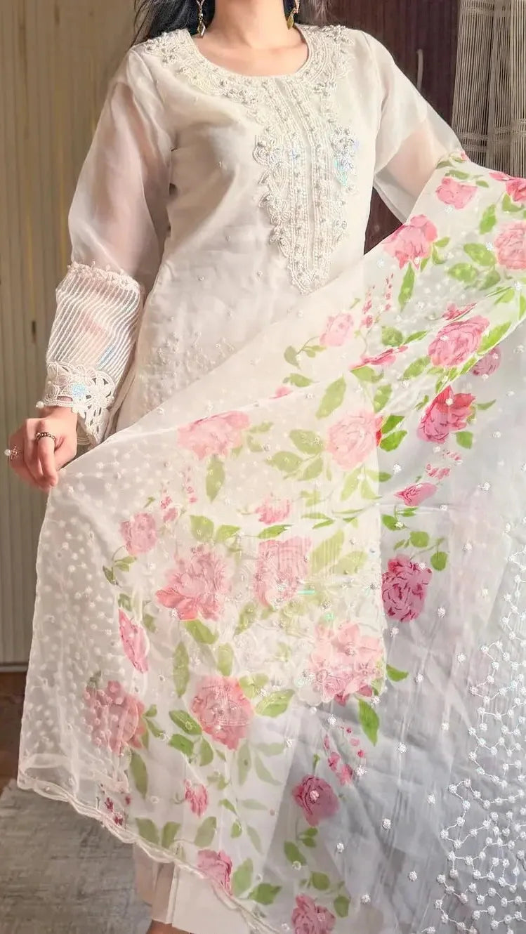 White Embroidered Organza 3 Piece Unstitched Suit