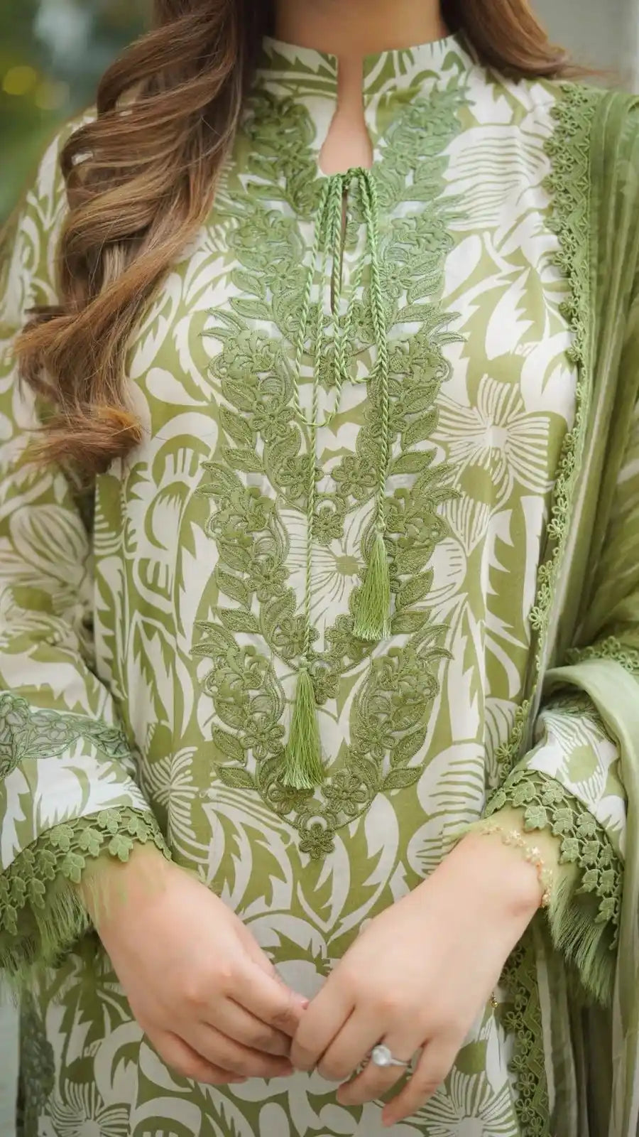 Olive Green & Ivory Floral Embroidered 3 Piece Unstitched Suit