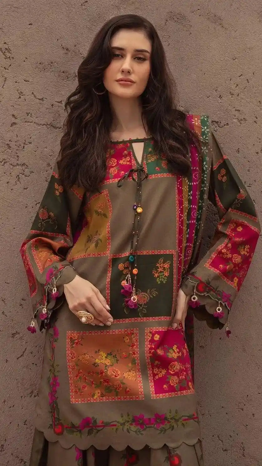 Unstitched Olive Patchwork Floral Printed Suit | 3 Piece