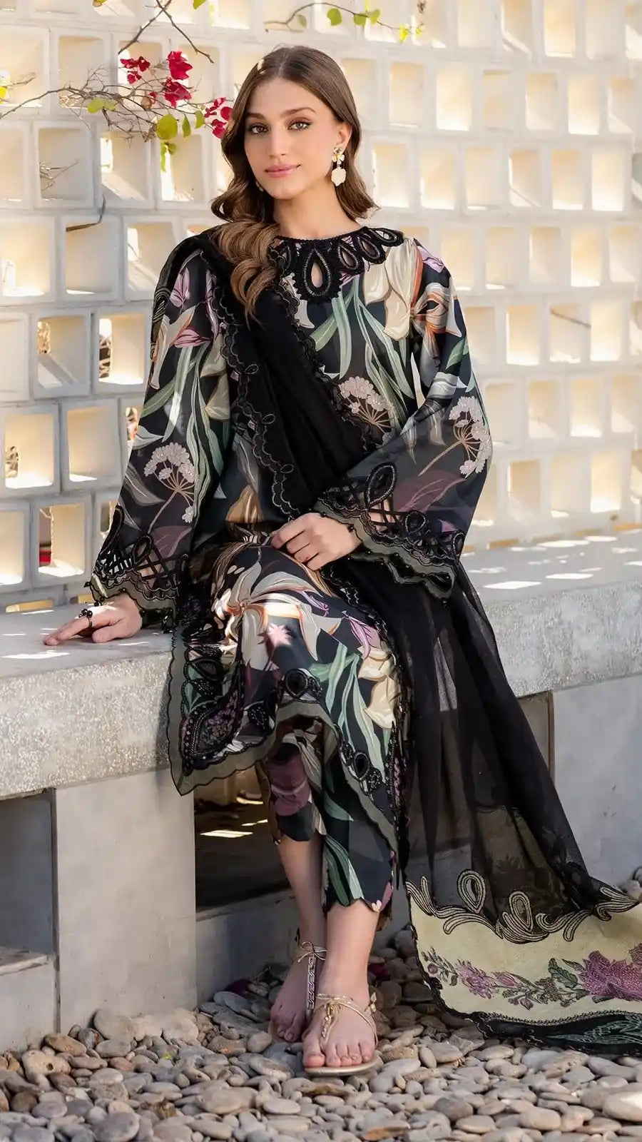 Premium Black Floral Printed Unstitched 3 Piece Suit with Embroidered Dupatta