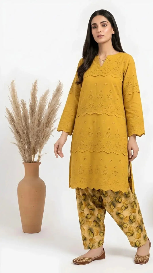 Amber Glow 2 Piece Schiffli Embroidered & Printed Set