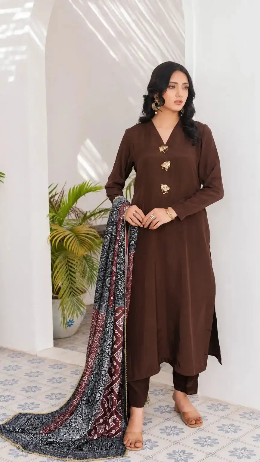 Ajrak Silk Stitched Suit | Espresso Brown | Luna Outfits