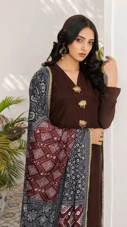 Ajrak Silk Stitched Suit | Espresso Brown | Luna Outfits