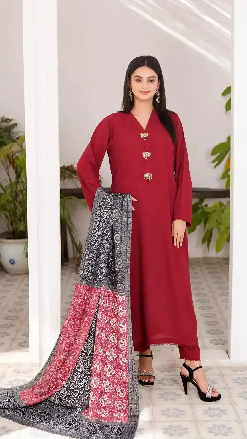 Sham Glam Silk Suit | Crimson Ajrak Dupatta | Luna Outfits