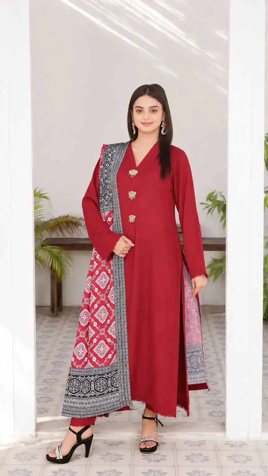 Sham Glam Silk Suit | Crimson Ajrak Dupatta | Luna Outfits