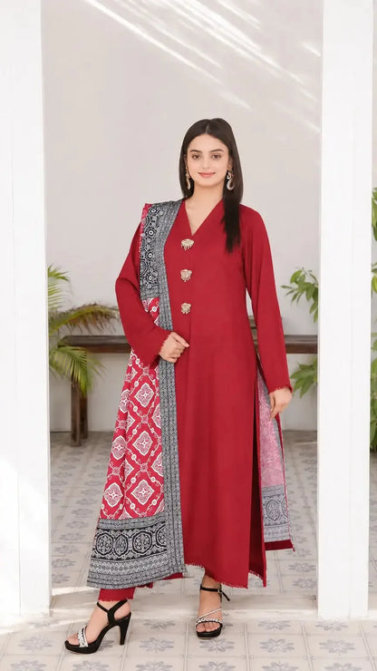 Sham Glam Silk Suit | Crimson Ajrak Dupatta | Luna Outfits