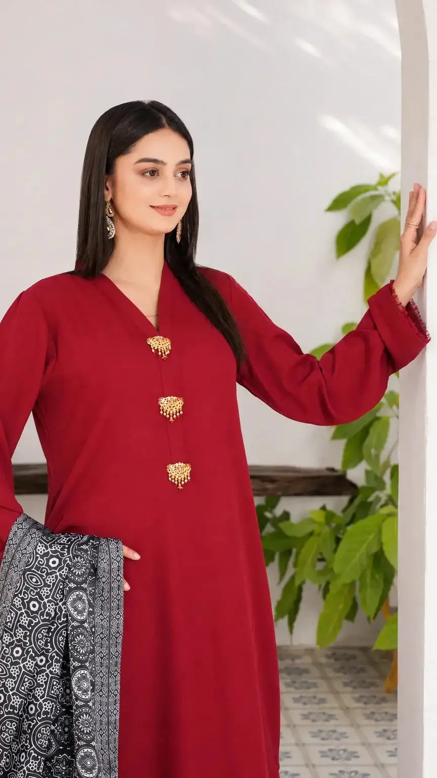 Sham Glam Silk Suit | Crimson Ajrak Dupatta | Luna Outfits