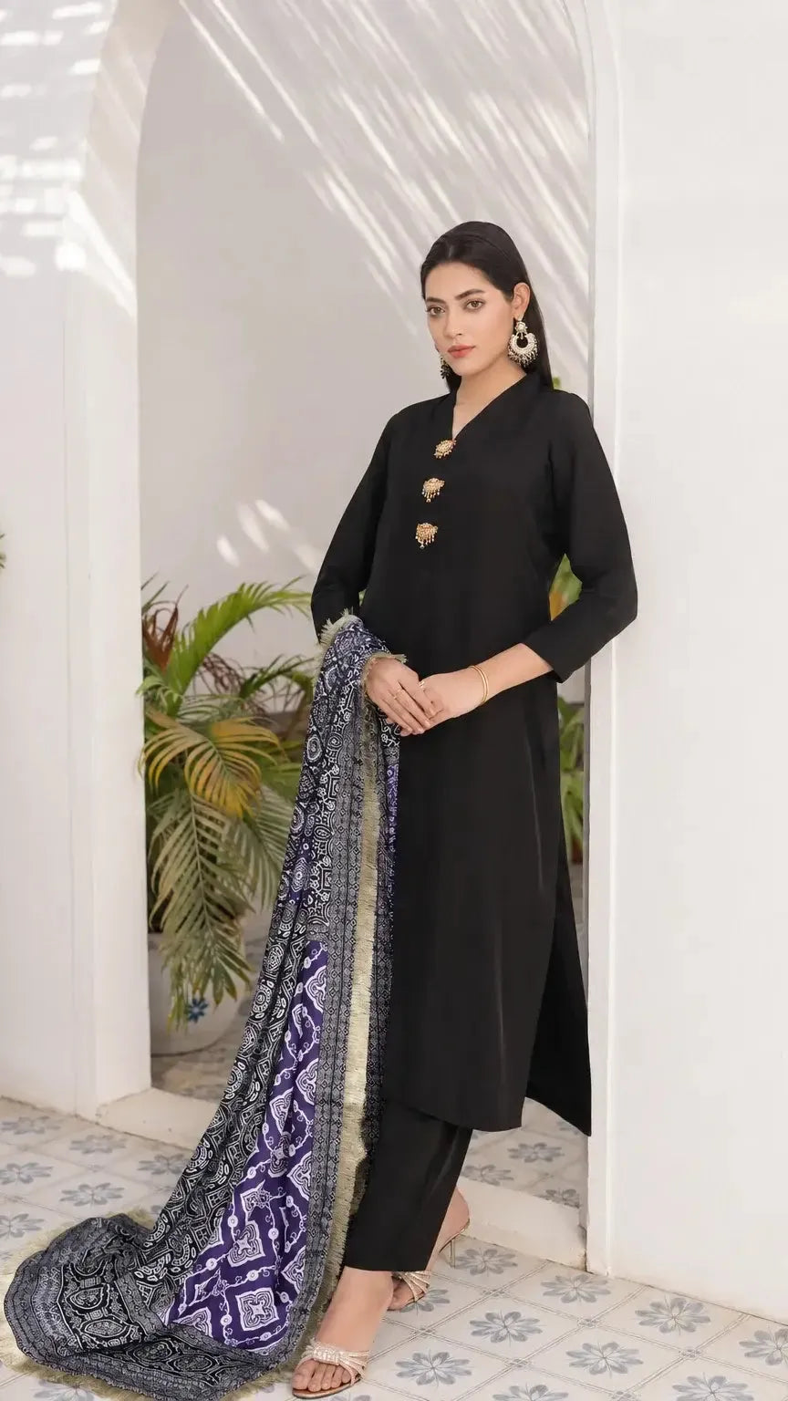 Midnight Silk Suit | Black & Purple Ajrak Dupatta | Luna Outfits