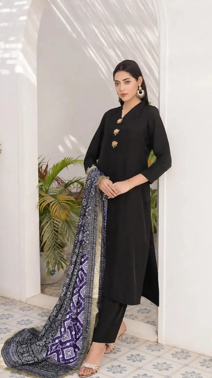Midnight Silk Suit | Black & Purple Ajrak Dupatta | Luna Outfits
