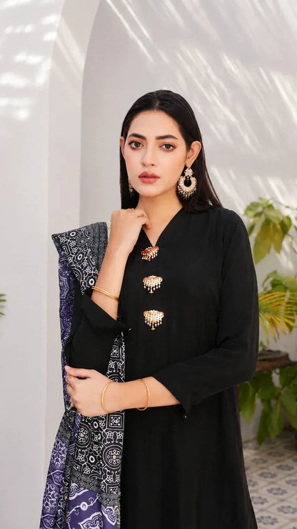 Midnight Silk Suit | Black & Purple Ajrak Dupatta | Luna Outfits
