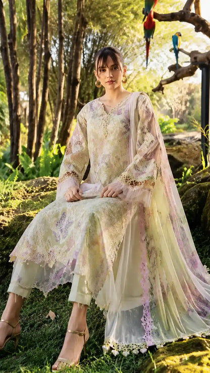 Pastel Green Butterfly & Floral 3 Piece Unstitched Suit