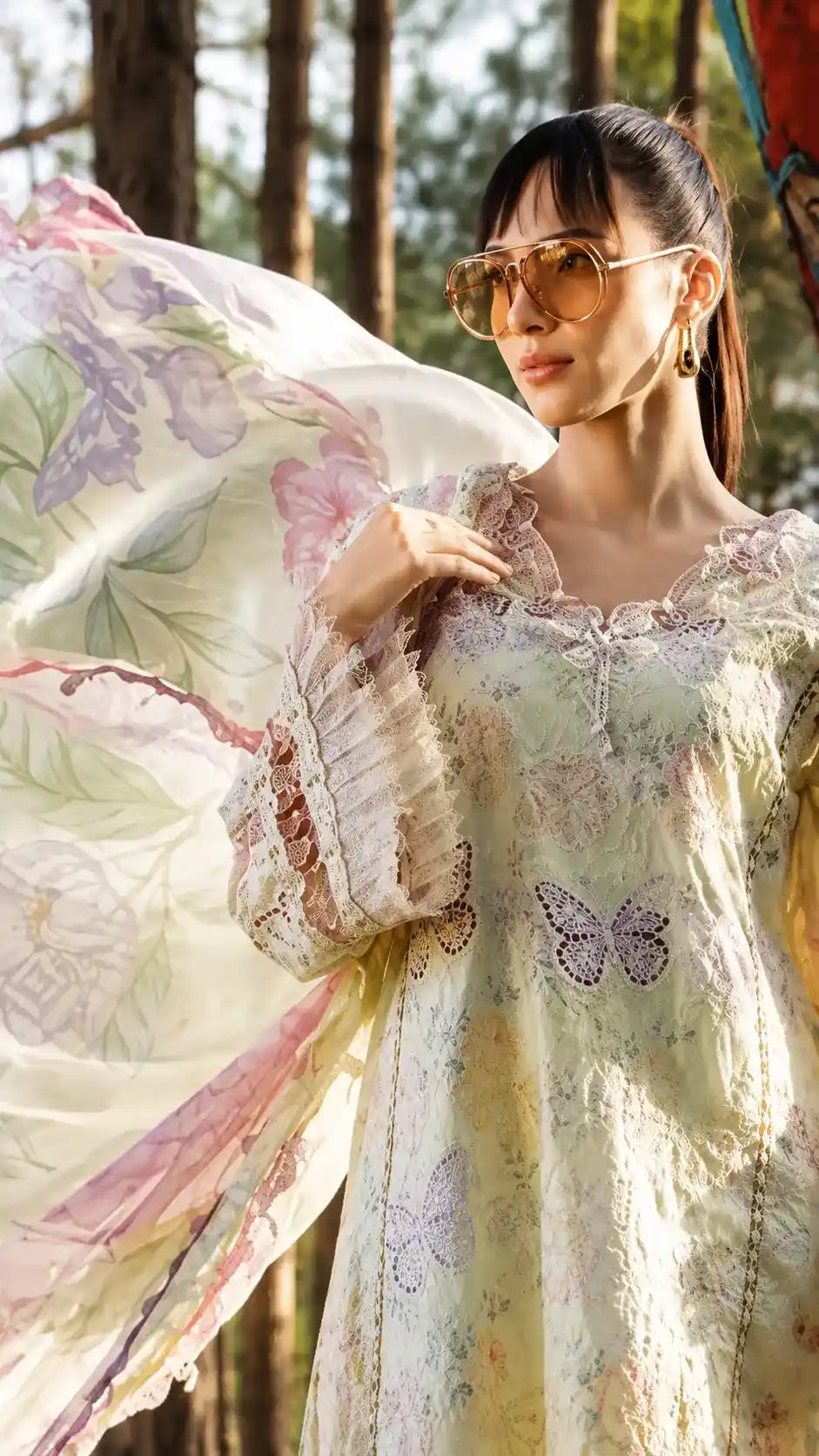 Pastel Green Butterfly & Floral 3 Piece Unstitched Suit
