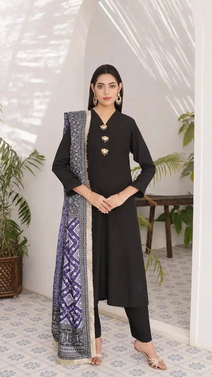 Midnight Silk Suit | Black & Purple Ajrak Dupatta | Luna Outfits