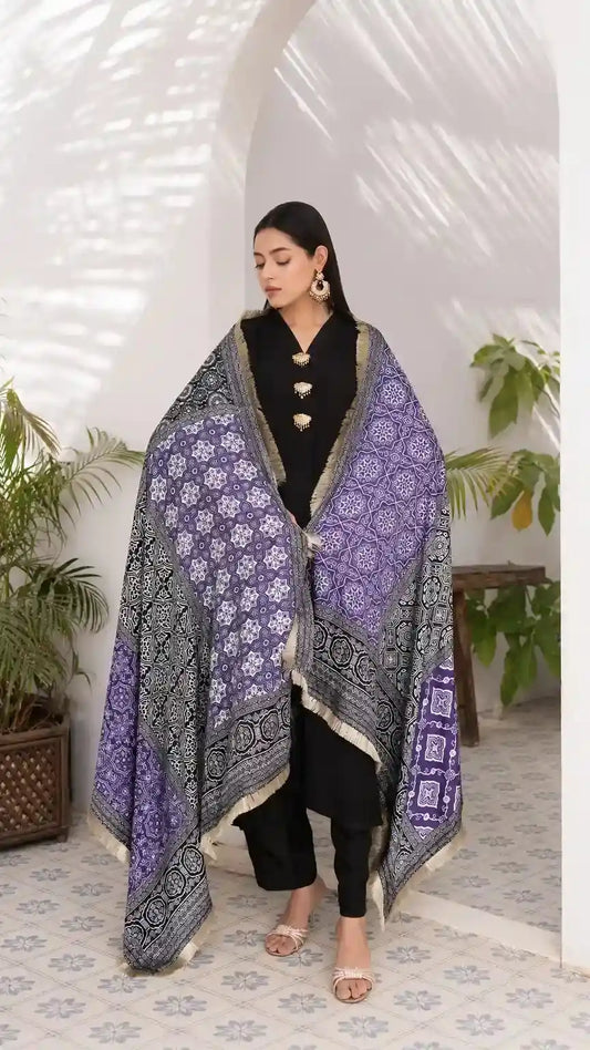 Midnight Silk Suit | Black & Purple Ajrak Dupatta | Luna Outfits