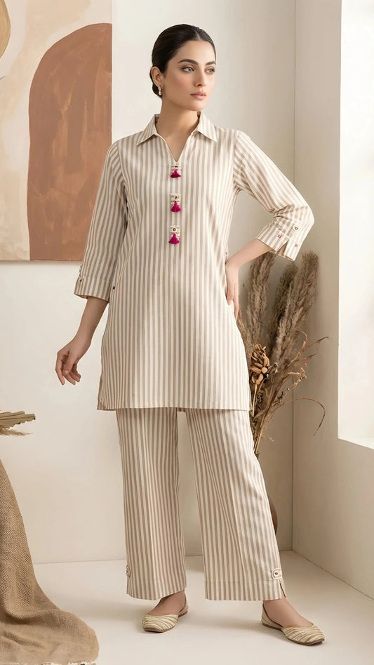 Checkmate Beige Co-ord Set Elegant Striped Kurta & Trouser