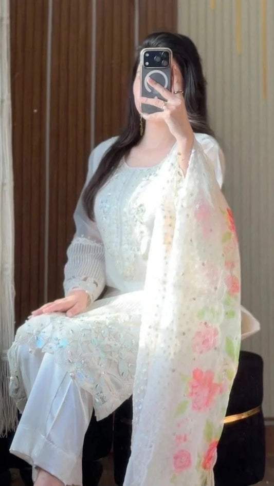White Embroidered Organza 3 Piece Unstitched Suit