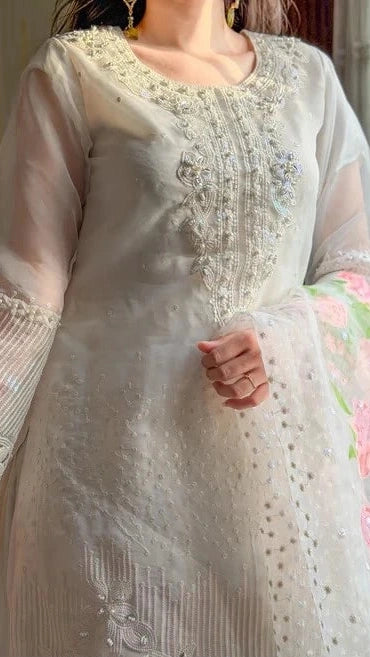White Embroidered Organza 3 Piece Unstitched Suit
