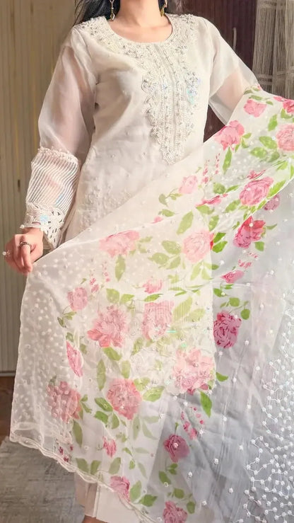 White Embroidered Organza 3 Piece Unstitched Suit