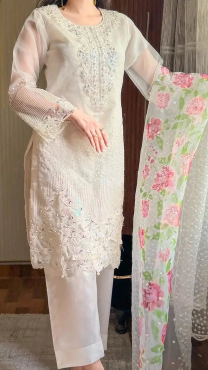 White Embroidered Organza 3 Piece Unstitched Suit