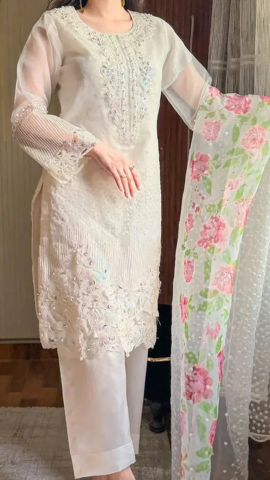 White Embroidered Organza 3 Piece Unstitched Suit