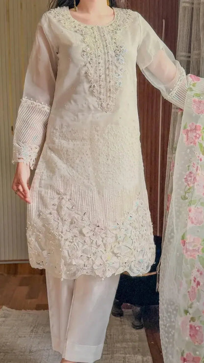 White Embroidered Organza 3 Piece Unstitched Suit