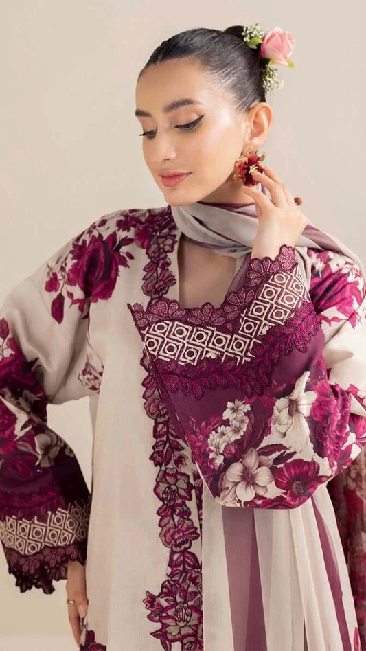 Ivory & Magenta Floral 3 Piece Unstitched Suit