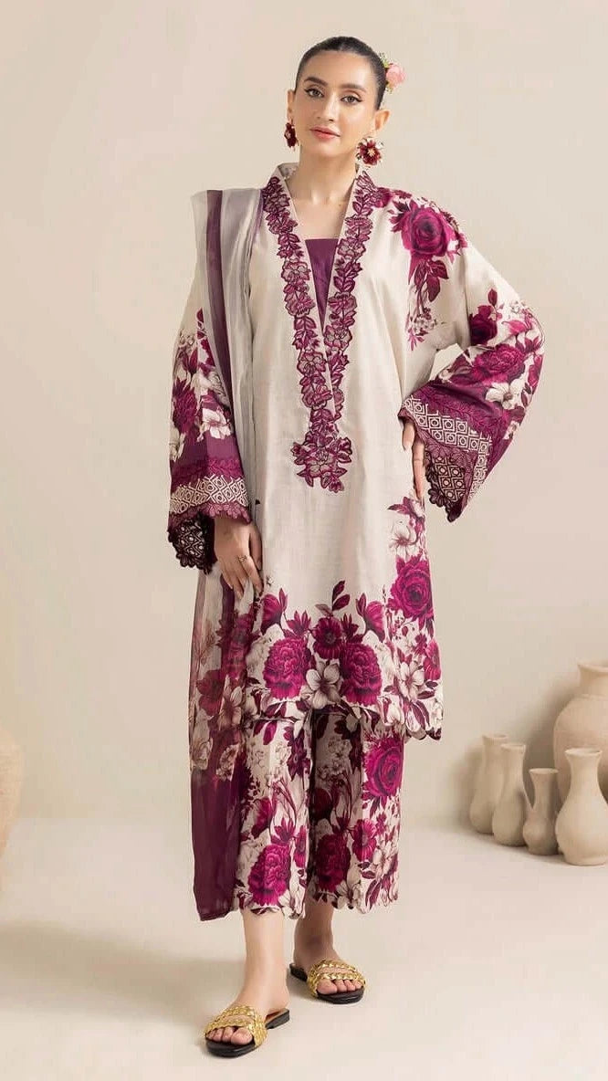 Ivory & Magenta Floral 3 Piece Unstitched Suit