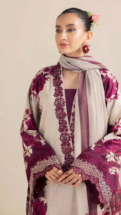 Ivory & Magenta Floral 3 Piece Unstitched Suit