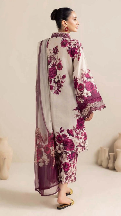 Ivory & Magenta Floral 3 Piece Unstitched Suit