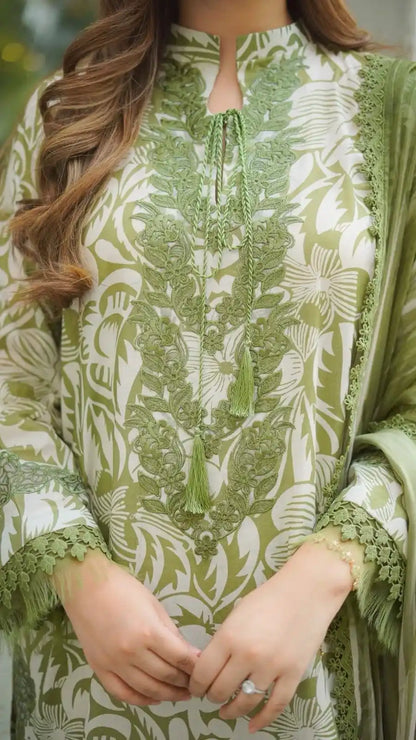 Olive Green & Ivory Floral Embroidered 3 Piece Unstitched Suit