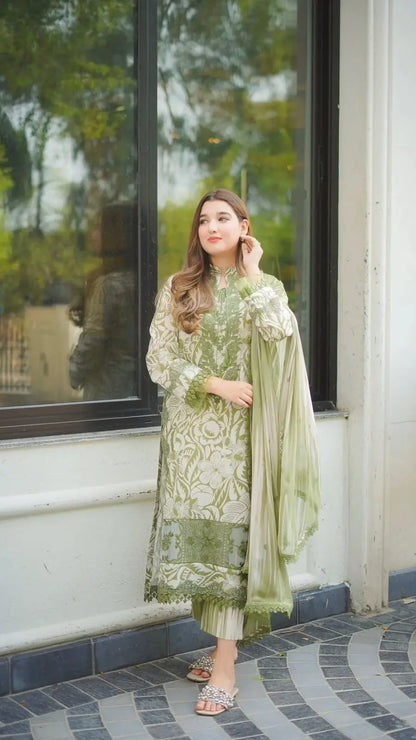 Olive Green & Ivory Floral Embroidered 3 Piece Unstitched Suit