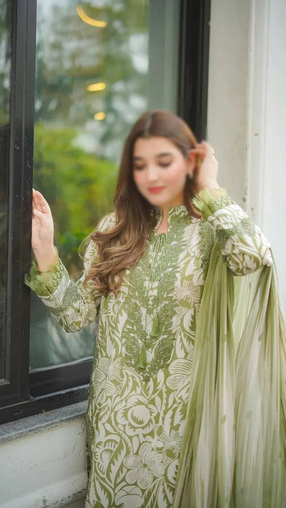 Olive Green & Ivory Floral Embroidered 3 Piece Unstitched Suit