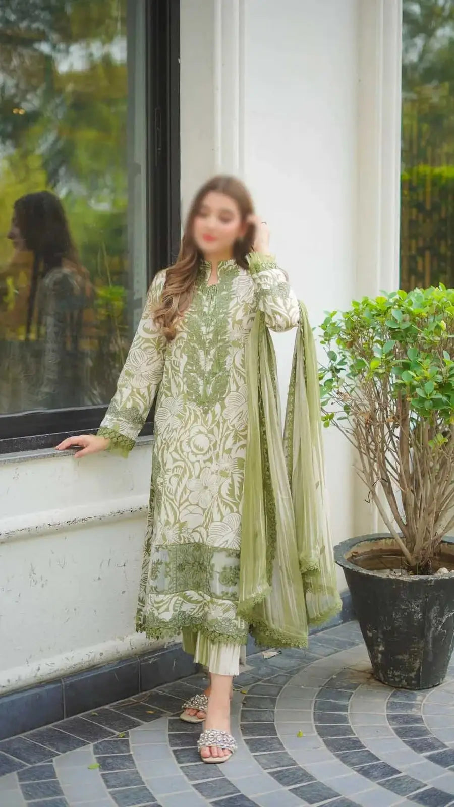 Olive Green & Ivory Floral Embroidered 3 Piece Unstitched Suit