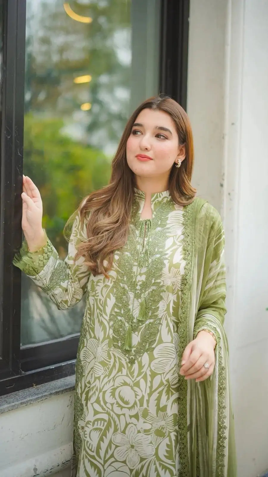 Olive Green & Ivory Floral Embroidered 3 Piece Unstitched Suit