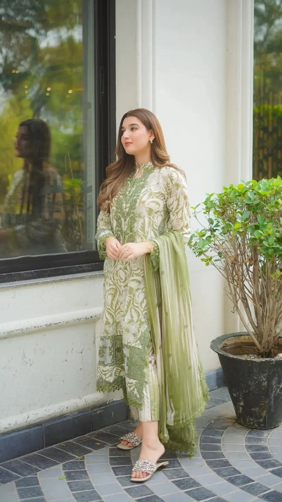 Olive Green & Ivory Floral Embroidered 3 Piece Unstitched Suit