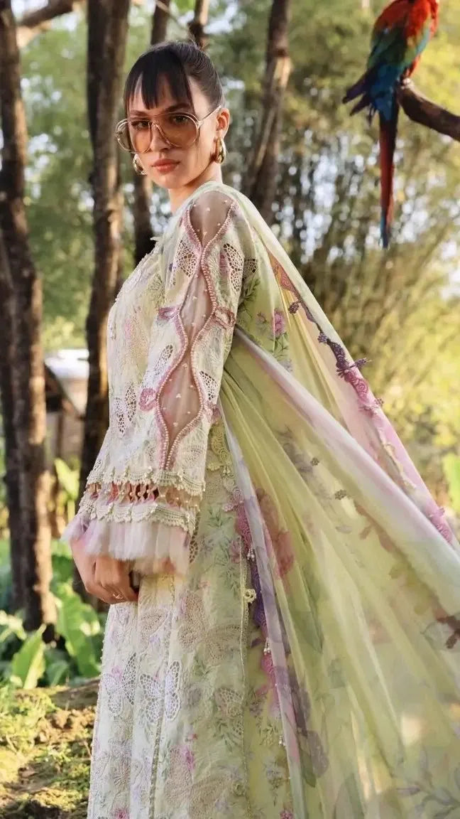 Pastel Green Butterfly & Floral 3 Piece Unstitched Suit
