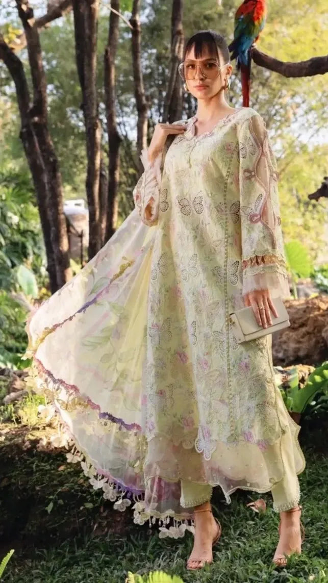 Pastel Green Butterfly & Floral 3 Piece Unstitched Suit