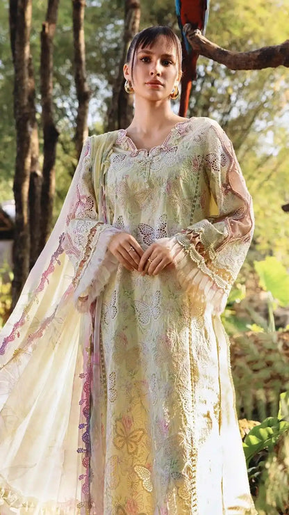Pastel Green Butterfly & Floral 3 Piece Unstitched Suit