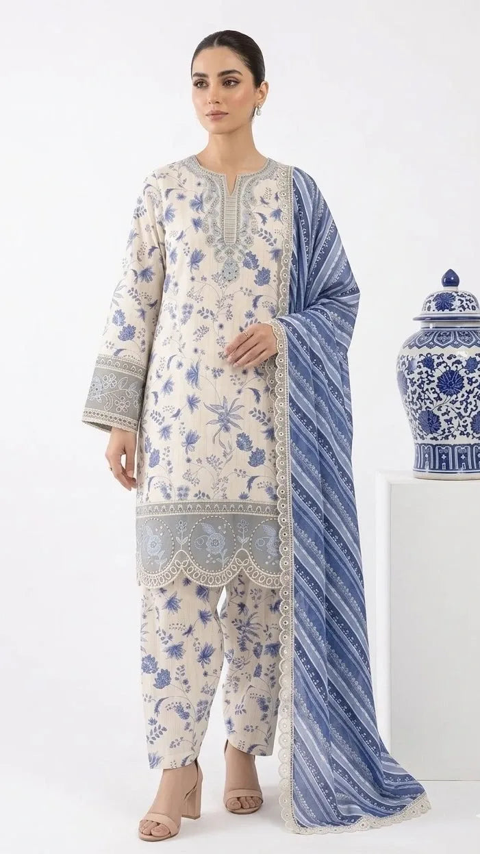 Blue & Ivory Floral Embroidered 3 Piece Unstitched Suit