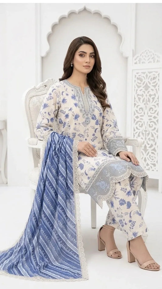 Blue & Ivory Floral Embroidered 3 Piece Unstitched Suit