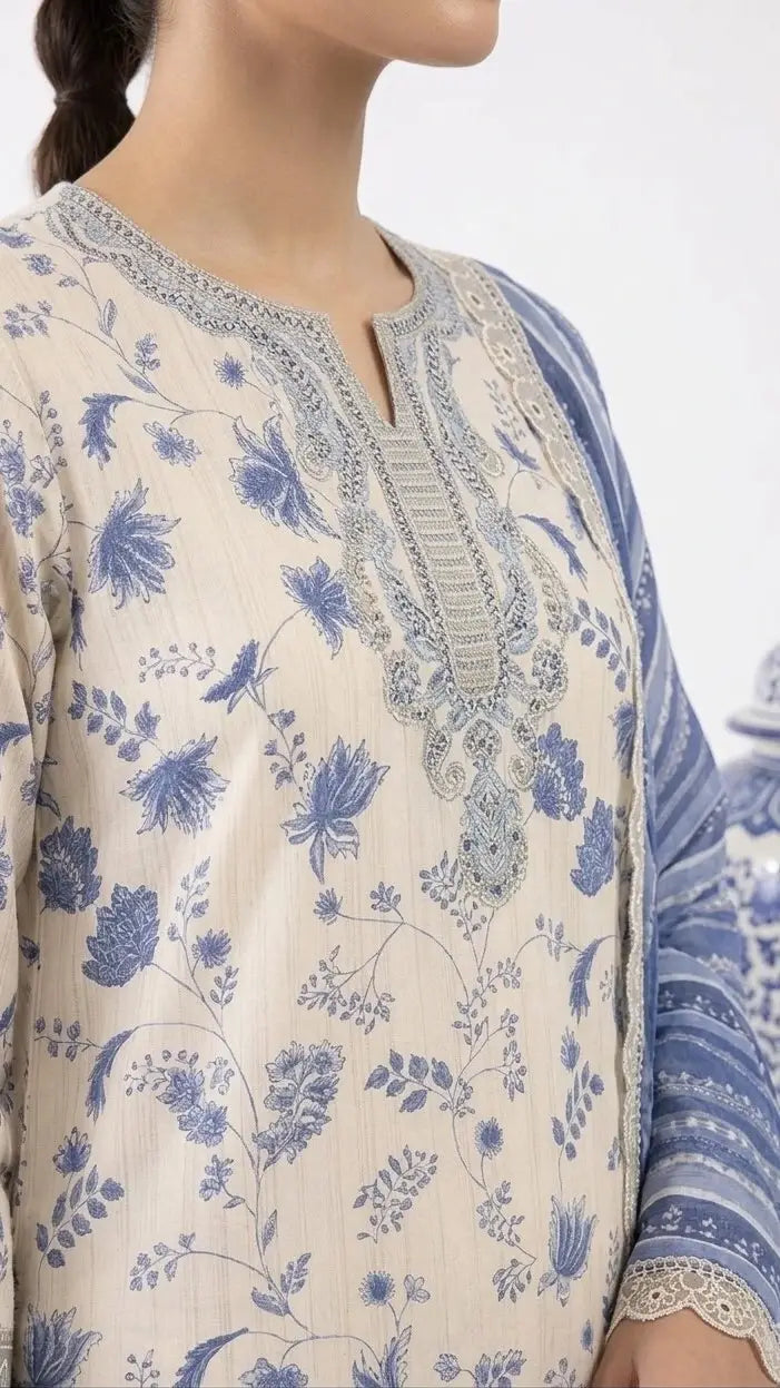 Blue & Ivory Floral Embroidered 3 Piece Unstitched Suit
