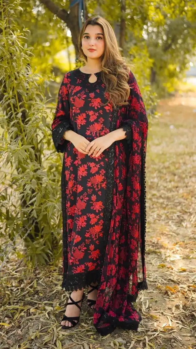 Black & Red Floral Printed Unstitched 3 Piece Suit with Lace Detailing