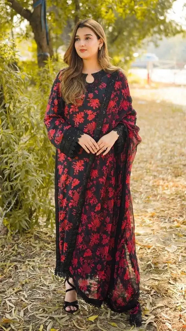 Black & Red Floral Printed Unstitched 3 Piece Suit with Lace Detailing