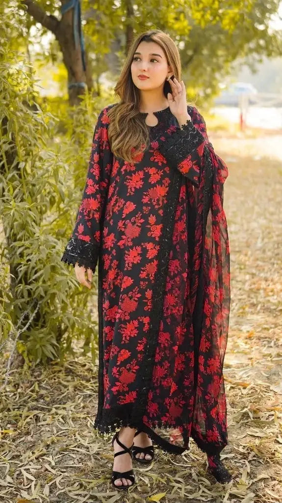 Black & Red Floral Printed Unstitched 3 Piece Suit with Lace Detailing