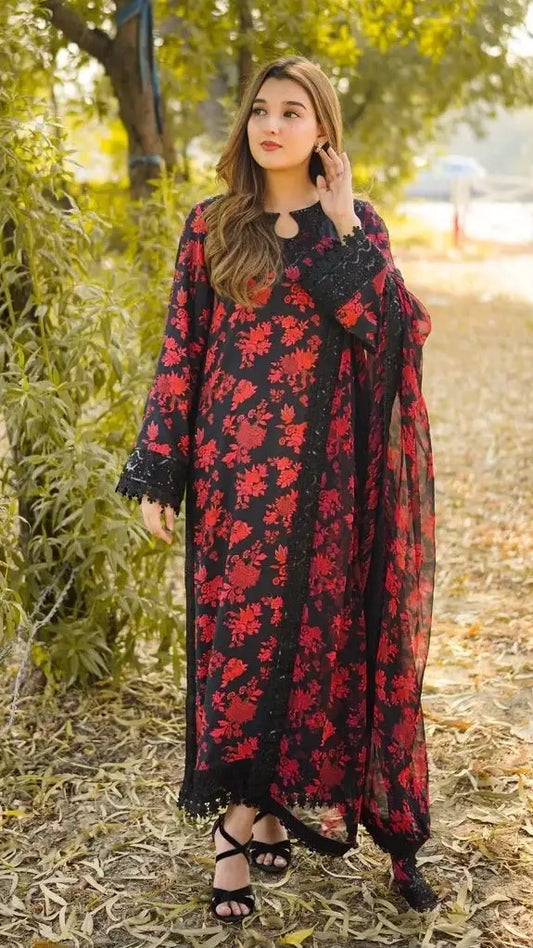Black & Red Floral Printed Unstitched 3 Piece Suit with Lace Detailing
