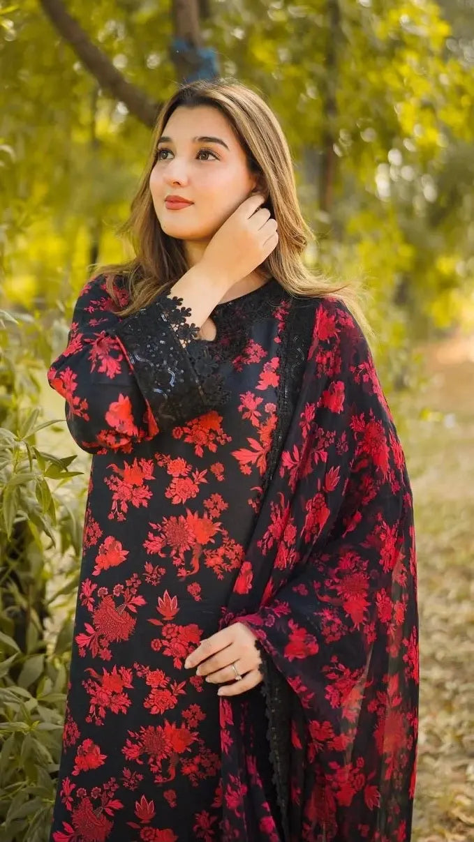 Black & Red Floral Printed Unstitched 3 Piece Suit with Lace Detailing