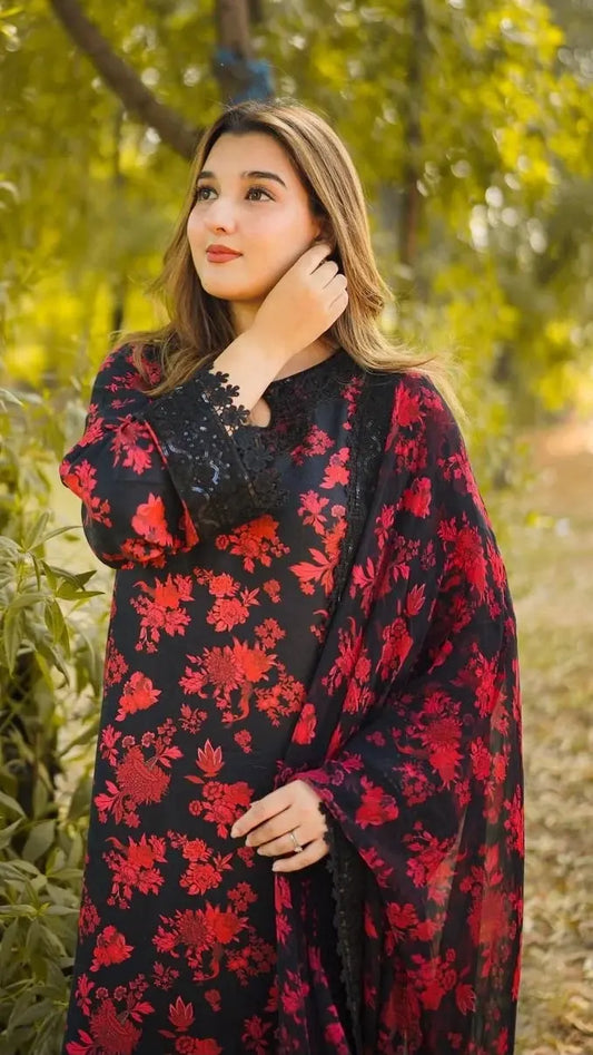 Black & Red Floral Printed Unstitched 3 Piece Suit with Lace Detailing